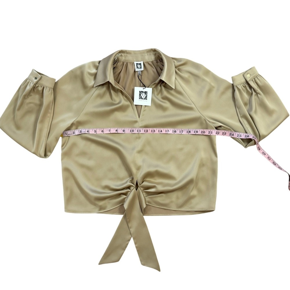 Anne Klein Coffee Cream Tie Front Satin Blouse Long Sleeve V-Neck Top Medium NEW - Picture 10 of 15